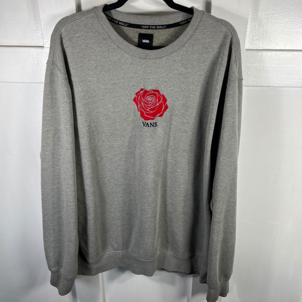 Vans Mens XXL Gray Rose Embroidered Logo Fleece Crewneck Sweatshirt Pullover